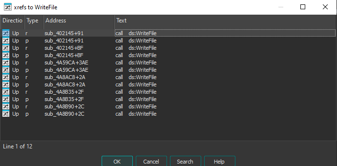 IDA xrefs to WriteFile