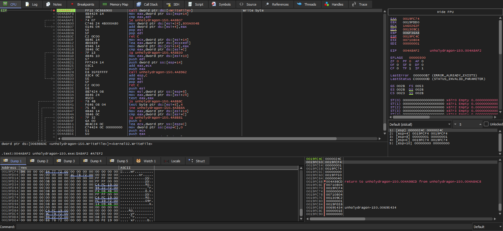 x64dbg breakpoint at WriteFile
