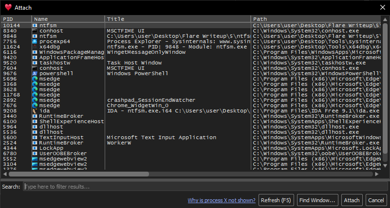 x64dbg attach debugger to new ntfsm.exe instance