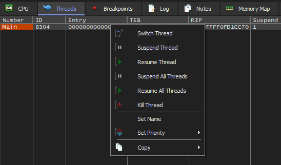 x64dbg resume thread